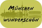 Logo München Wunderschön - auf einem gelben Hintergrund (Münchner Gelb) ist die Silhouette von München angedeutet und davor steht in schwarzer Schrift München Wunderschön
